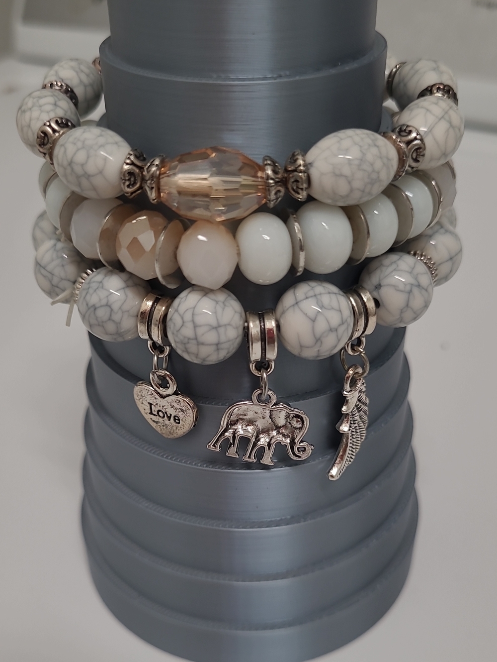 Stacked White Marble Bead Charm Bracelet Set - Love & Elephant Charms